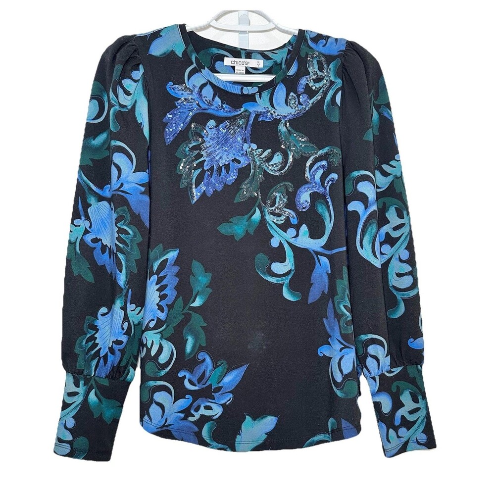 Chico's Small Blue Floral Sequin Neck Top 3/4 Sleeve Stretch Knit Blouse
